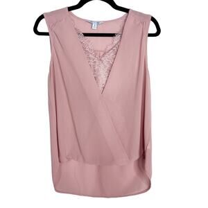 New She + Sky S Pink Lace Inset Surplice V Neck Sleeveless Blouse High Low Hem